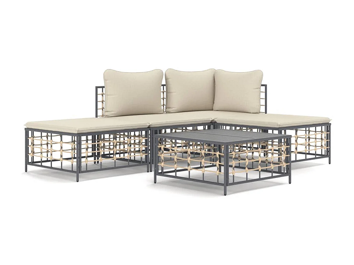 5-tlg. Garten-Sitzgruppe: Sofa + Tisch | Garten-Lounge-Set mit Kissen Anthrazit Poly Rattan -GKD765310