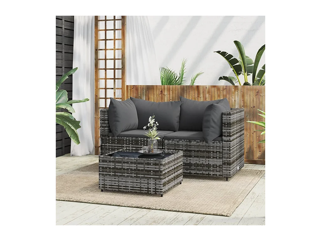 Salon de jardin 3 pcs avec coussins Gris Résine tressée REO69582