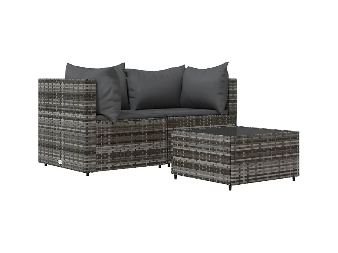 3-tlg. Garten-Sitzgruppe: Sofa + Tisch | Garten-Lounge-Set mit Kissen Grau Poly Rattan -GKD318208
