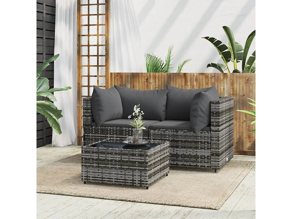 3-tlg. Garten-Sitzgruppe: Sofa + Tisch | Garten-Lounge-Set mit Kissen Grau Poly Rattan -GKD318208
