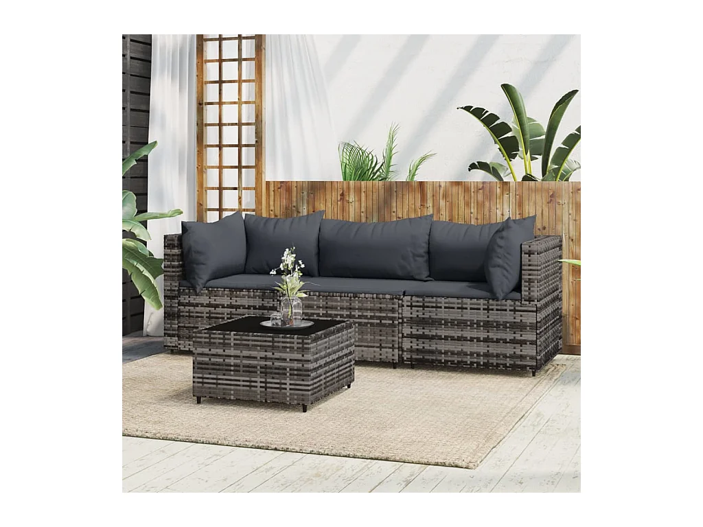 Salon de jardin 4 pcs avec coussins Gris Résine tressée REO48825