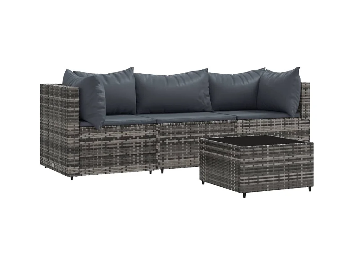 4-tlg. Garten-Sitzgruppe: Sofa + Tisch | Garten-Lounge-Set mit Kissen Grau Poly Rattan -GKD309987
