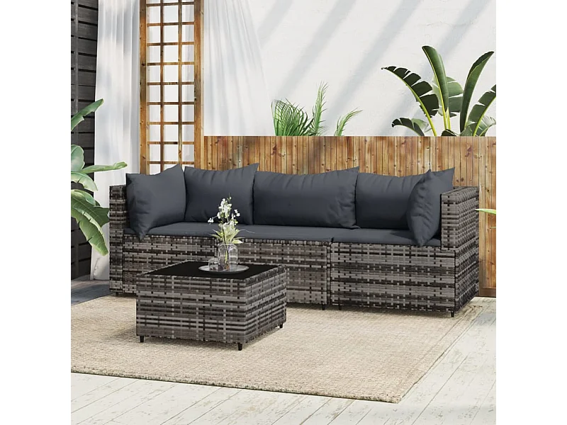 Salon de jardin 4 pcs avec coussins Gris Résine tressée REO48825