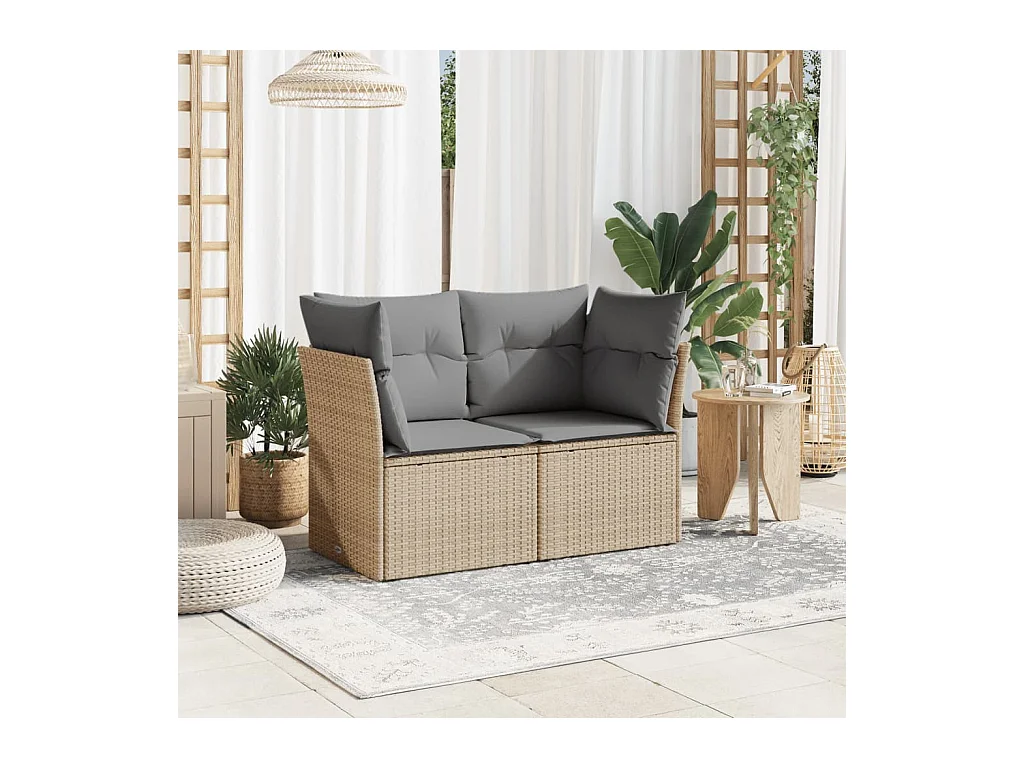 Canapé de jardin avec coussins 2 places beige résine tressée REO40849