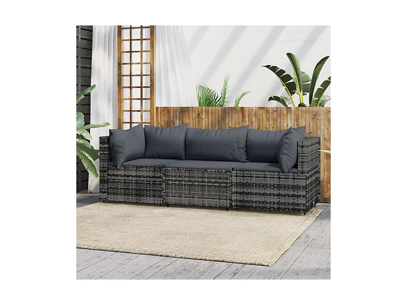 Salon de jardin 3 pcs avec coussins Gris Résine tressée REO81085