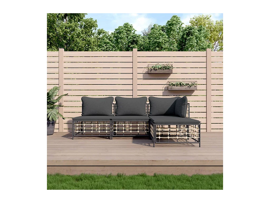 Salon de jardin 4 pcs avec coussins anthracite résine tressée REO37552