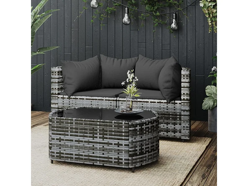 3-tlg. Garten-Sitzgruppe: Sofa + Tisch | Garten-Lounge-Set mit Kissen Grau Poly Rattan -GKD359474