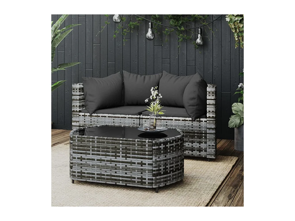 Salon de jardin 3 pcs avec coussins Gris Résine tressée REO87762