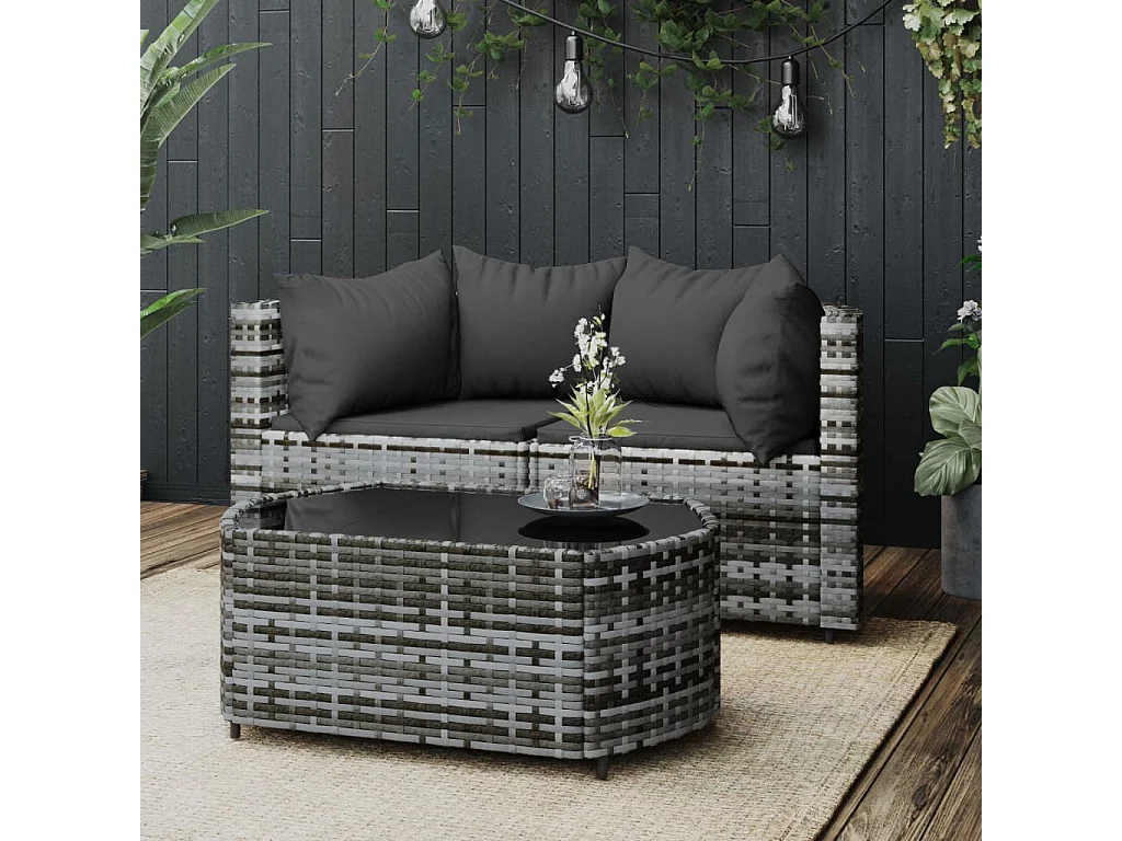 Salon de jardin 3 pcs avec coussins Gris Résine tressée REO87762