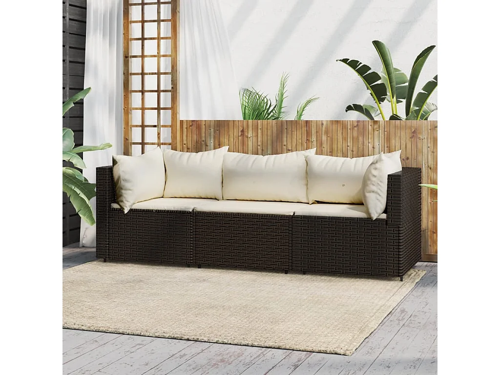 3-tlg. Garten-Sitzgruppe: Sofa + Tisch | Garten-Lounge-Set mit Kissen Braun Poly Rattan -GKD149754