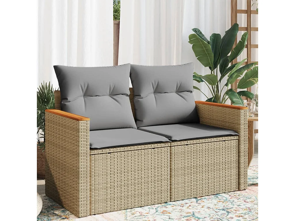 Canapé de jardin avec coussins 2 places beige résine tressée REO17602