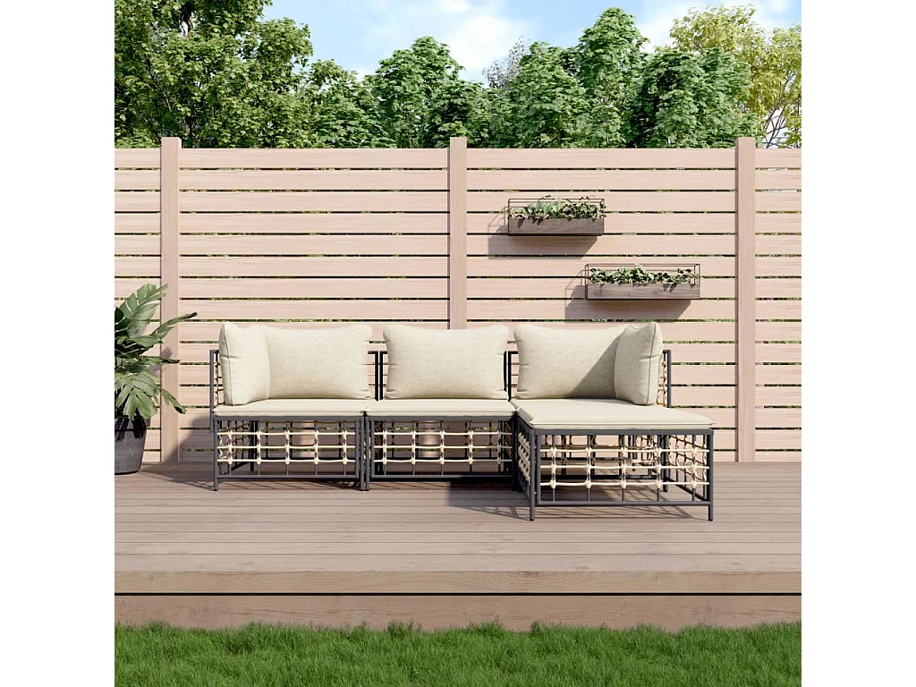 4-tlg. Garten-Sitzgruppe: Sofa + Tisch | Garten-Lounge-Set mit Kissen Anthrazit Poly Rattan -GKD170231