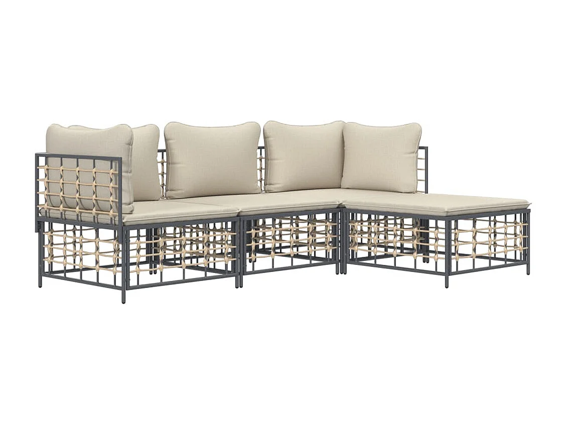 4-tlg. Garten-Sitzgruppe: Sofa + Tisch | Garten-Lounge-Set mit Kissen Anthrazit Poly Rattan -GKD170231