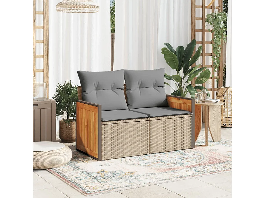 Canapé de jardin avec coussins 2 places beige résine tressée REO94656
