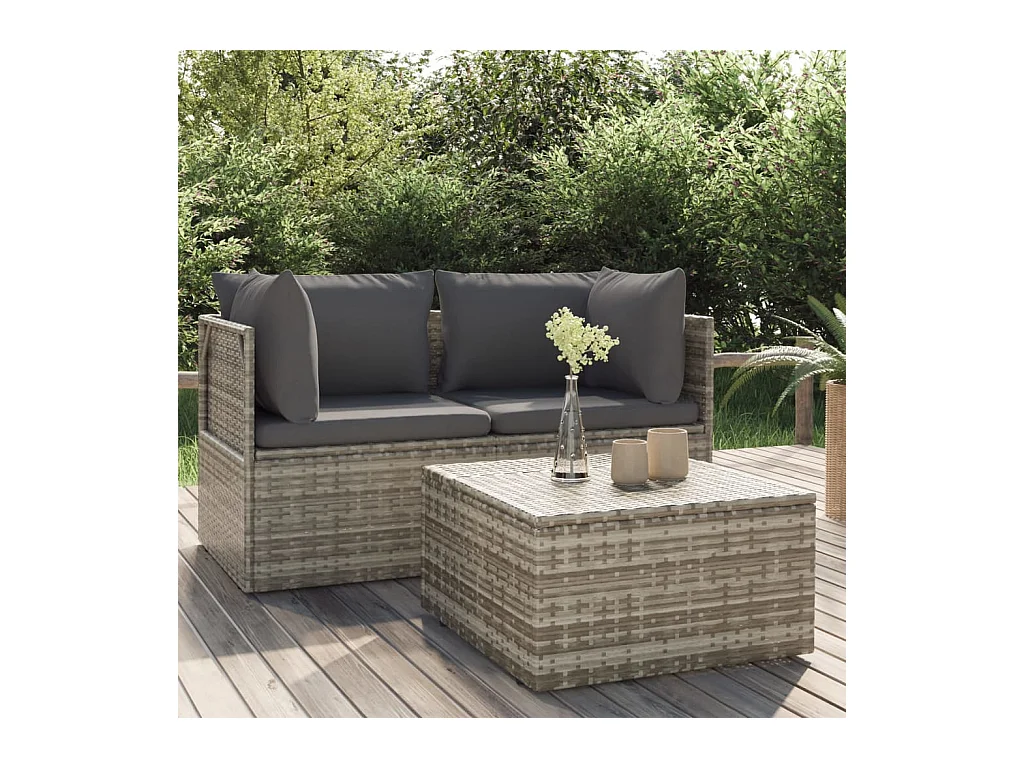 Salon de jardin 3 pcs avec coussins Gris Résine tressée REO44293