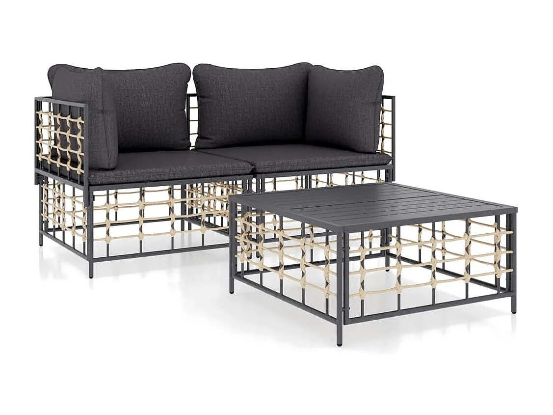 Salon de jardin 3 pcs avec coussins anthracite résine tressée REO33596