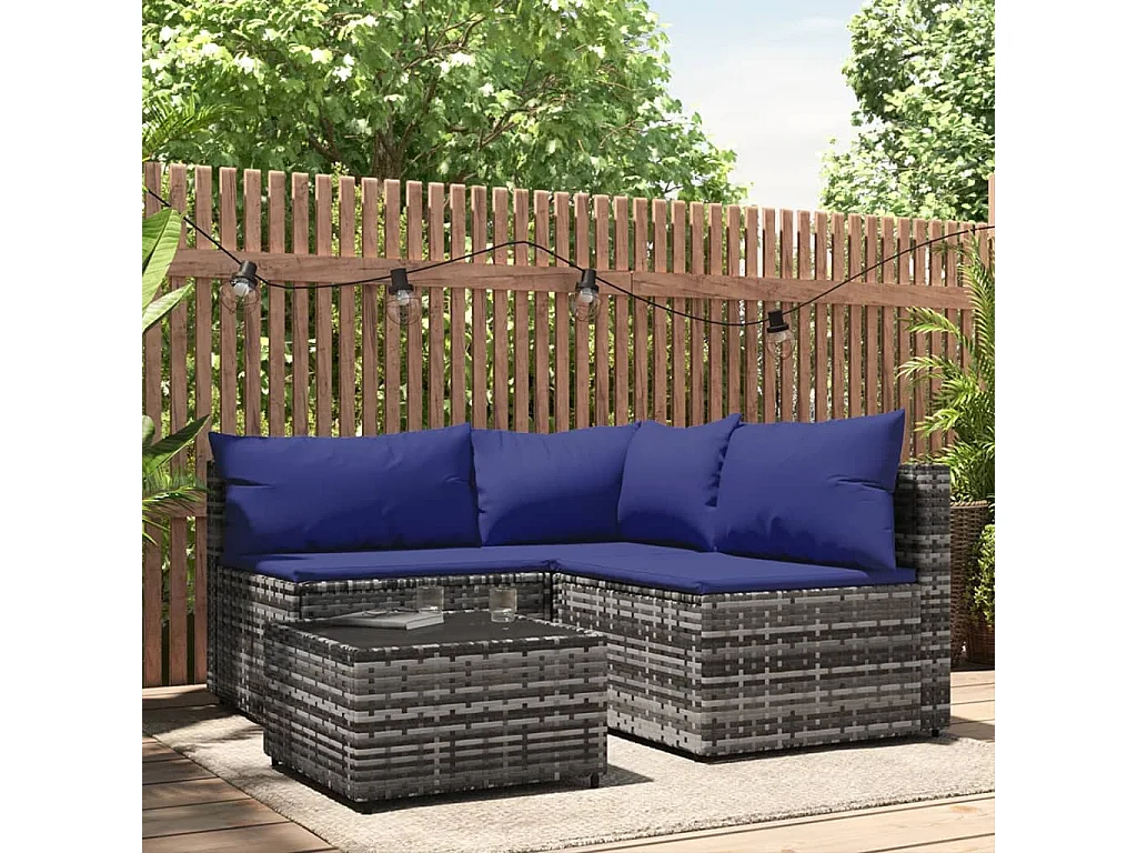 Salon de jardin 4 pcs avec coussins Gris Résine tressée REO75052