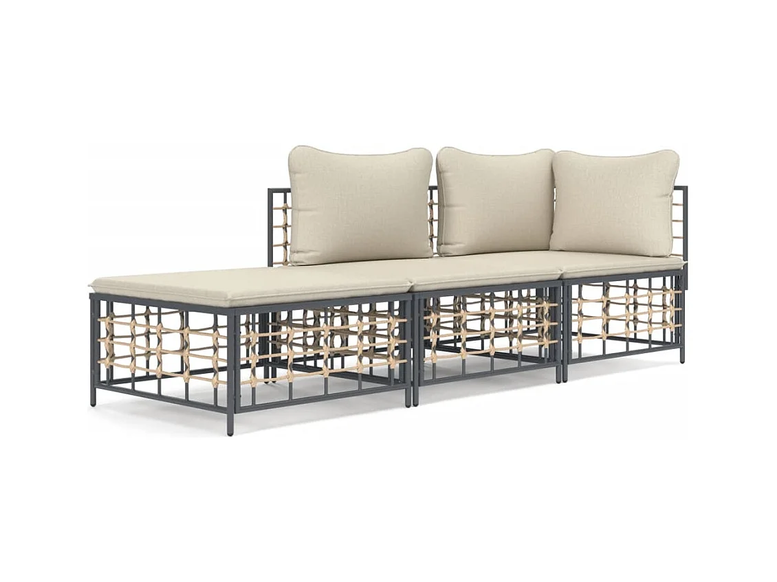 3-tlg. Garten-Sitzgruppe: Sofa + Tisch | Garten-Lounge-Set mit Kissen Anthrazit Poly Rattan -GKD420560