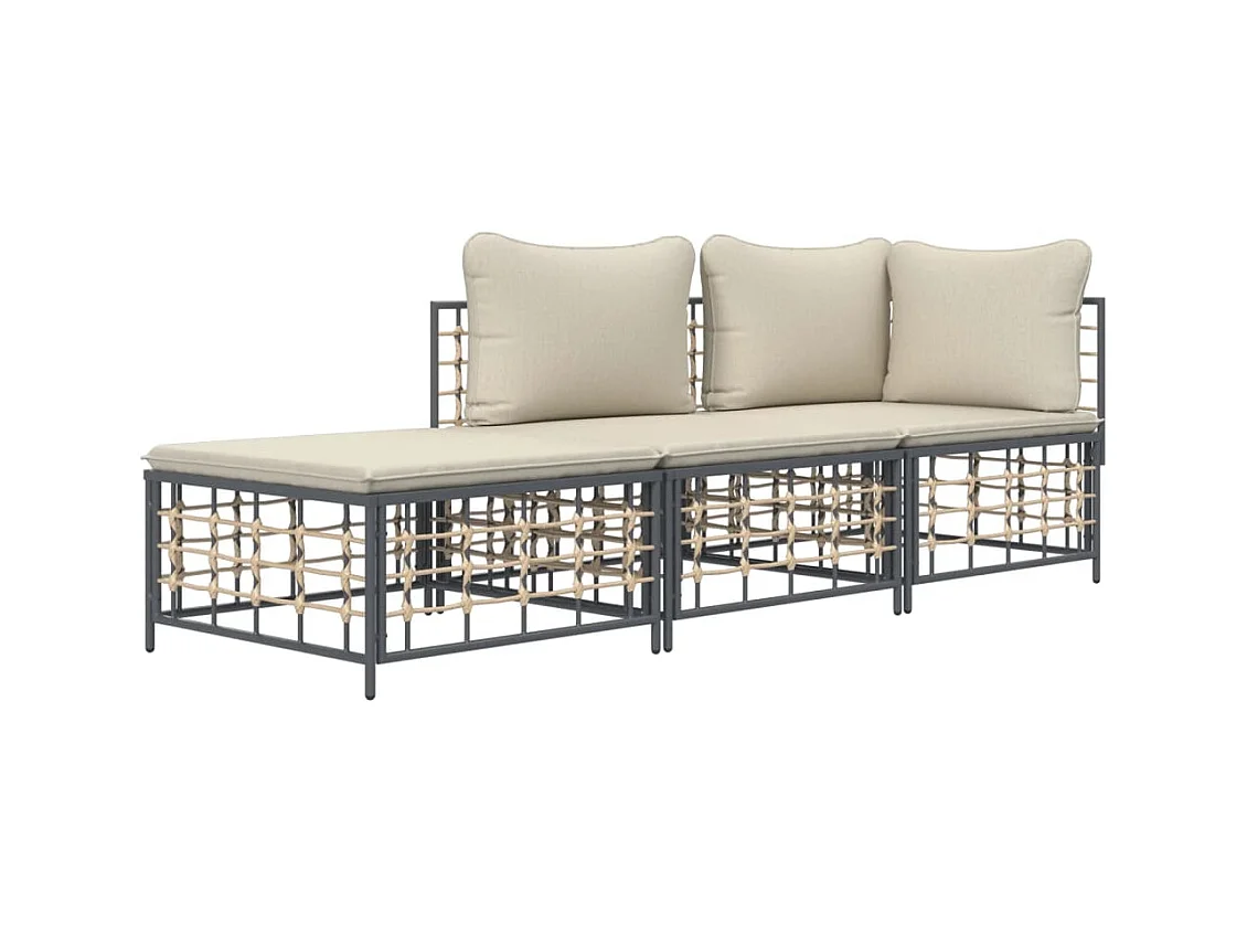 3-tlg. Garten-Sitzgruppe: Sofa + Tisch | Garten-Lounge-Set mit Kissen Anthrazit Poly Rattan -GKD420560