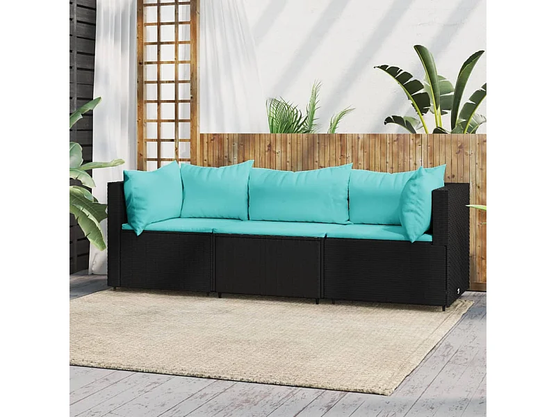 3-tlg. Garten-Sitzgruppe: Sofa + Tisch | Garten-Lounge-Set mit Kissen Schwarz Poly Rattan -GKD769657