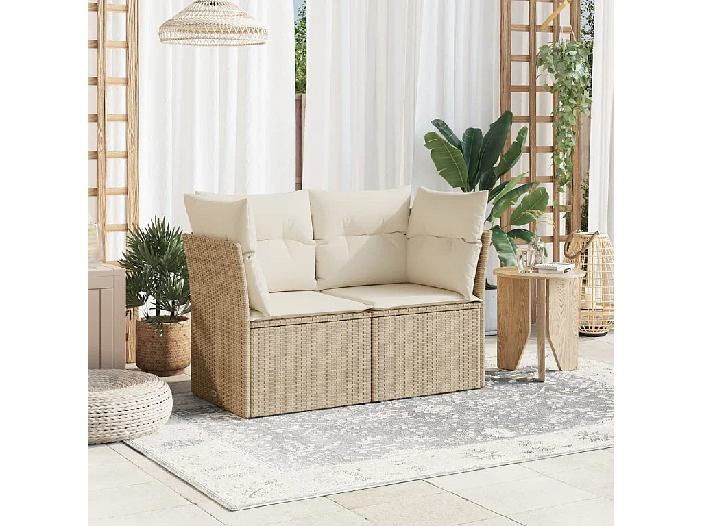Canapé de jardin avec coussins 2 places beige résine tressée REO80427