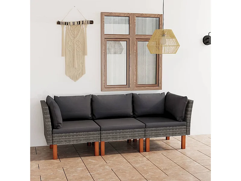 Sofá de jardim de 3 lugares com almofadões vime PE cinzento PT773694