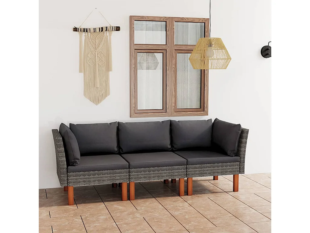 Sofá de jardín de 3 plazas con cojines ratán sintético gris KOW20659