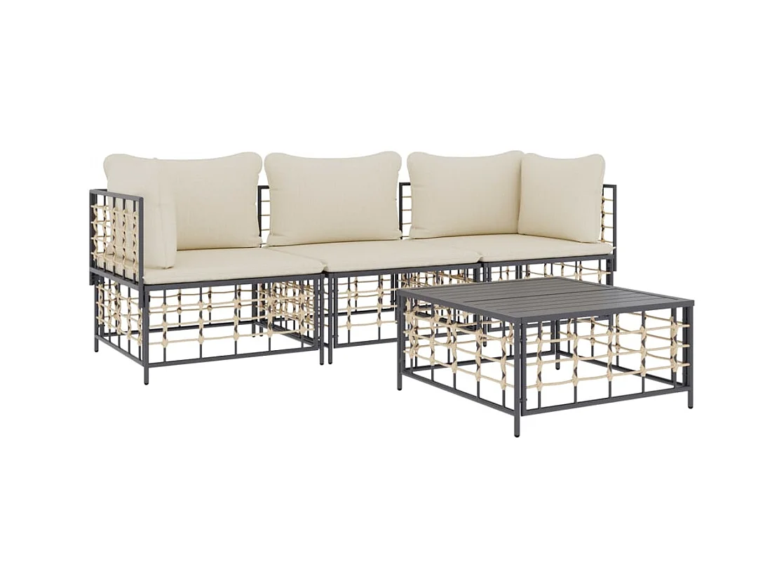4-tlg. Garten-Sitzgruppe: Sofa + Tisch | Garten-Lounge-Set mit Kissen Anthrazit Poly Rattan -GKD193394