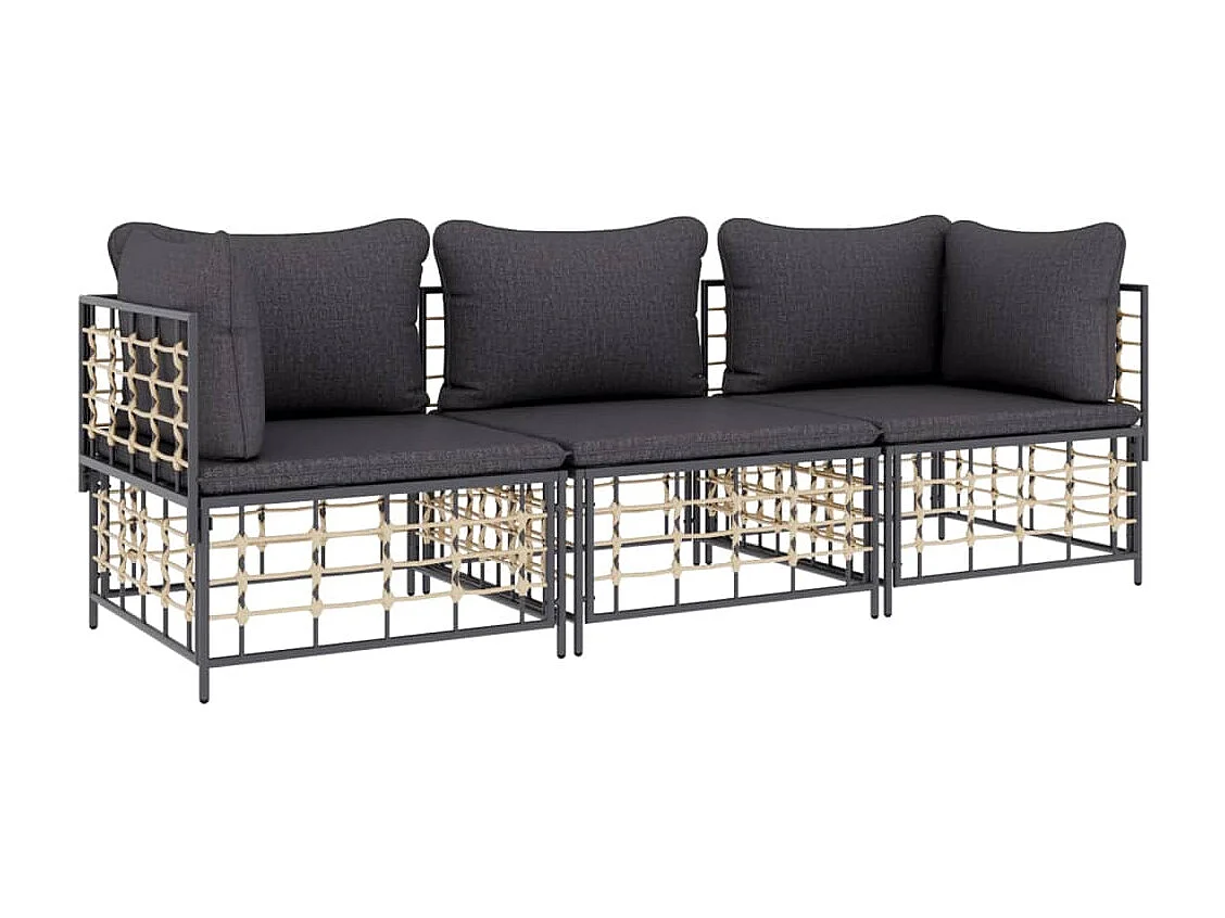 3-tlg. Garten-Sitzgruppe: Sofa + Tisch | Garten-Lounge-Set mit Kissen Anthrazit Poly Rattan -GKD583010