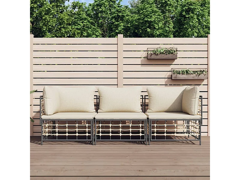3-tlg. Garten-Sitzgruppe: Sofa + Tisch | Garten-Lounge-Set mit Kissen Anthrazit Poly Rattan -GKD745302