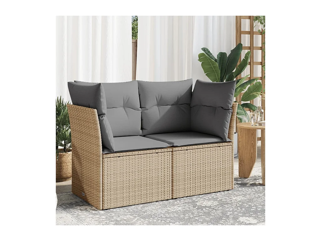 Canapé de jardin avec coussins 2 places beige résine tressée REO53816
