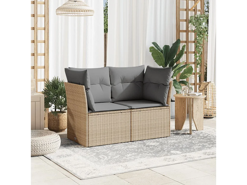 Canapé de jardin avec coussins 2 places beige résine tressée REO53816