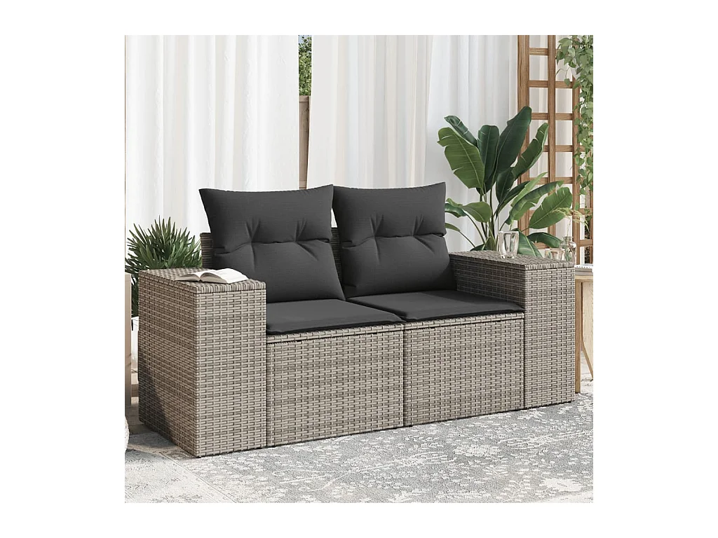 Canapé de jardin 2 places avec coussins gris résine tressée REO57972