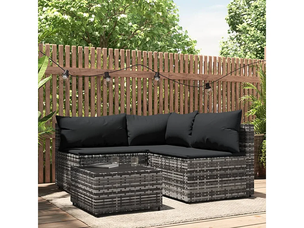 4-tlg. Garten-Sitzgruppe: Sofa + Tisch | Garten-Lounge-Set mit Kissen Grau Poly Rattan -GKD950963