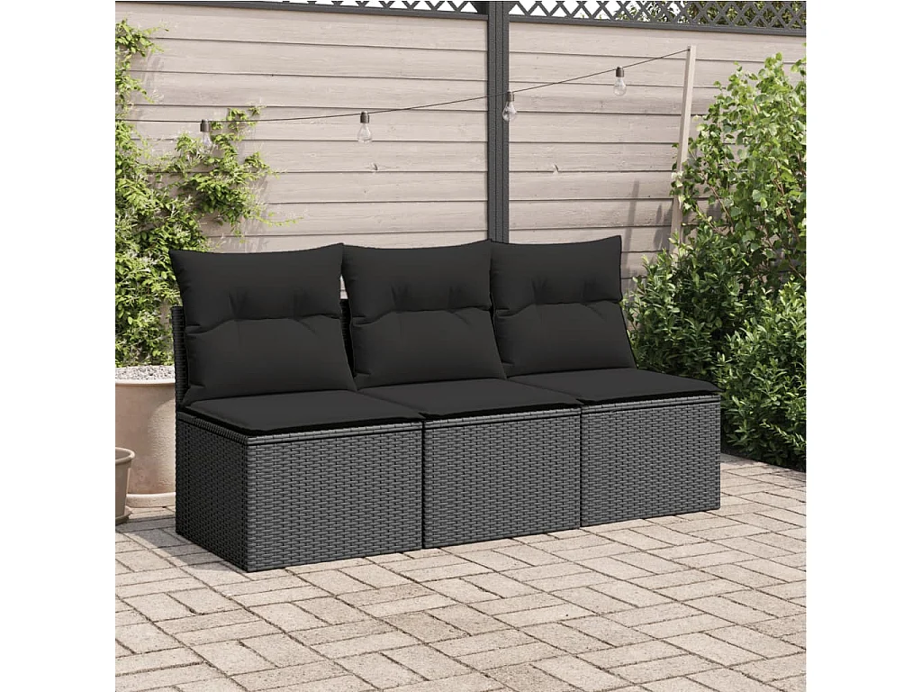 Sofá de jardim 3 lugares com almofadões vime PE preto PT584448