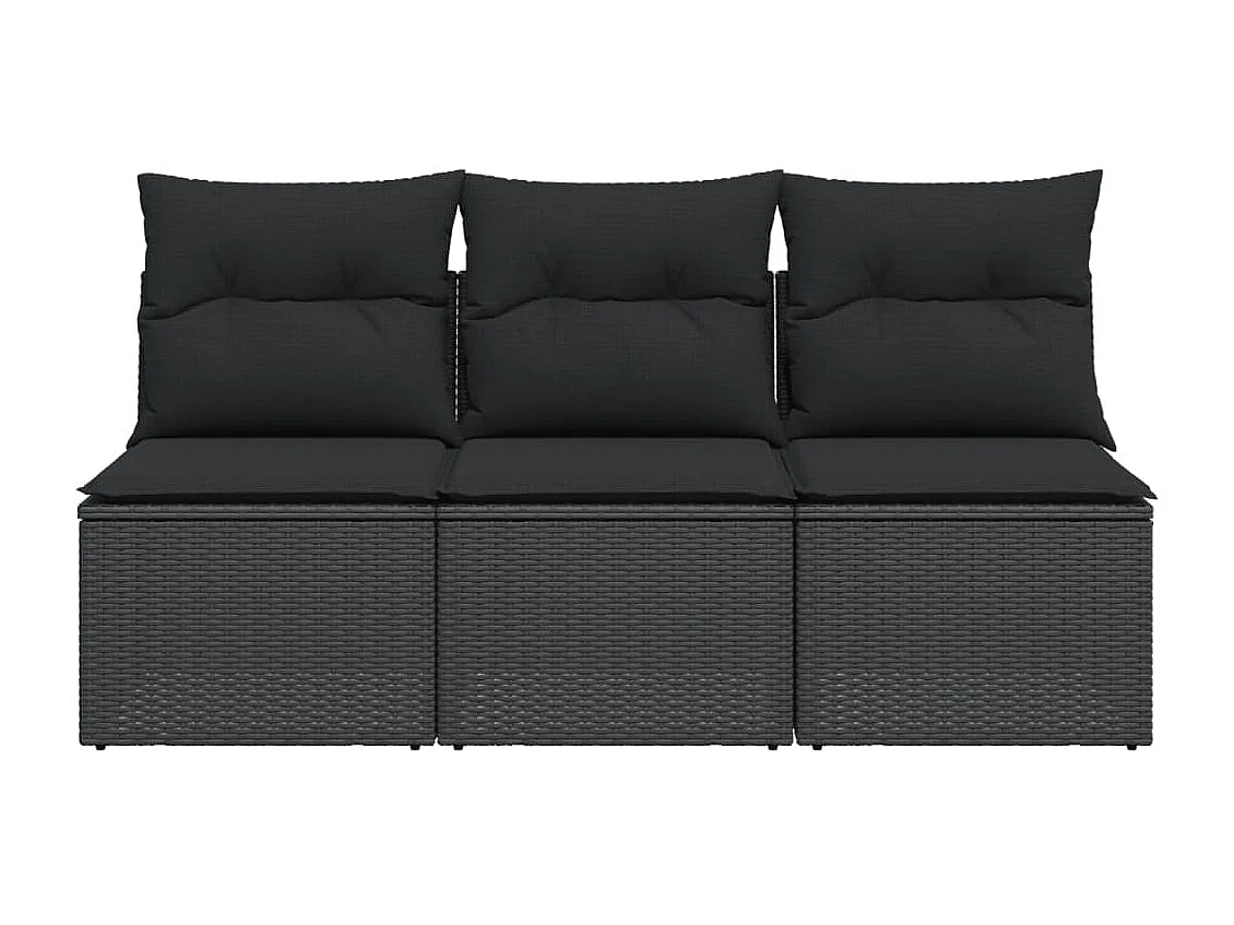 Sofá de jardim 3 lugares com almofadões vime PE preto PT584448