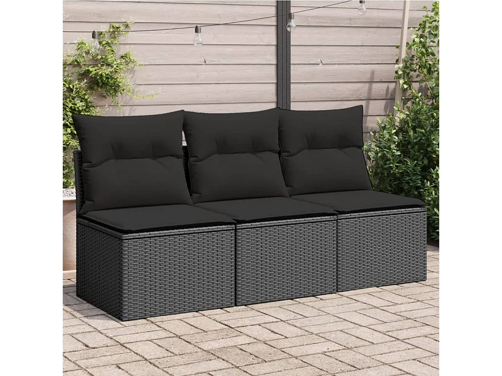 Canapé de jardin avec coussins 3 places noir résine tressée REO63616