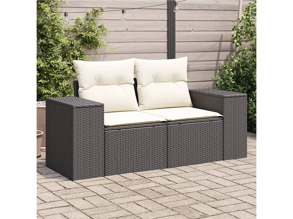 Canapé de jardin avec coussins 2 places noir résine tressée REO29259