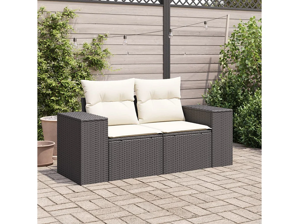 Canapé de jardin avec coussins 2 places noir résine tressée REO29259