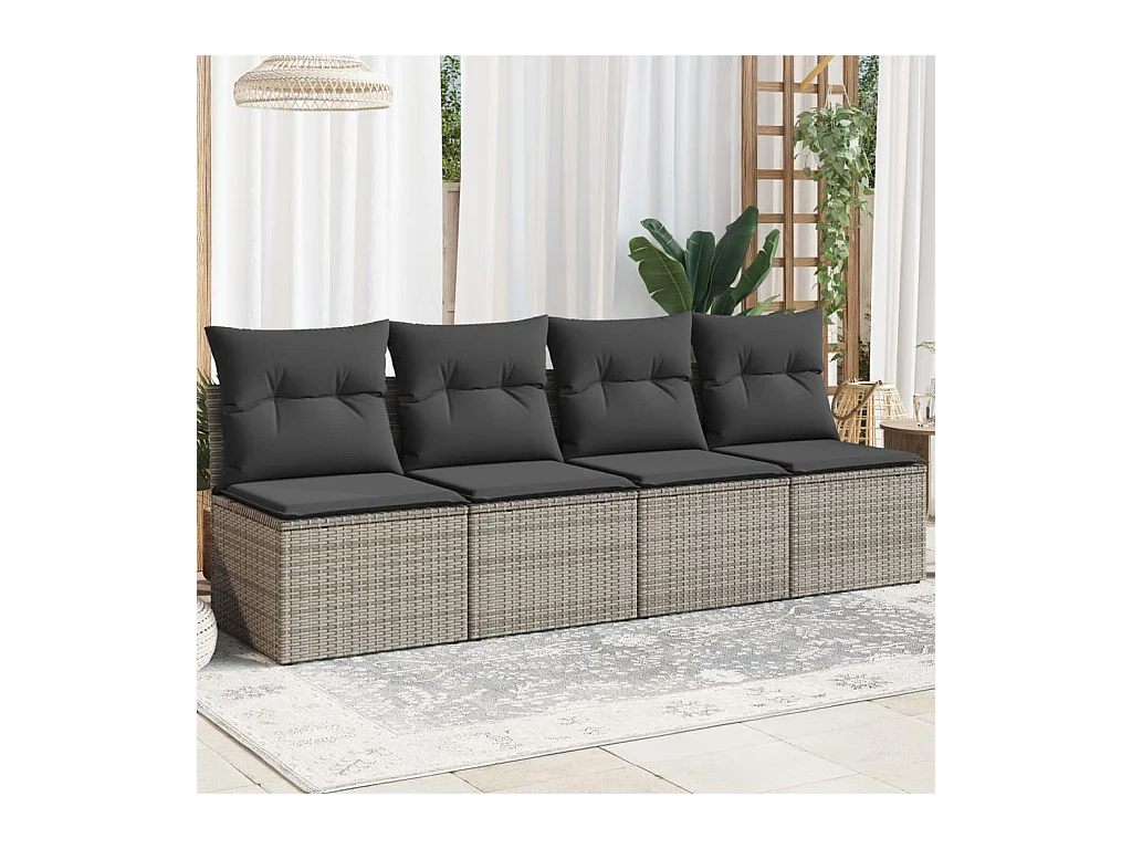 Canapé de jardin 4 places avec coussins gris résine tressée REO76783