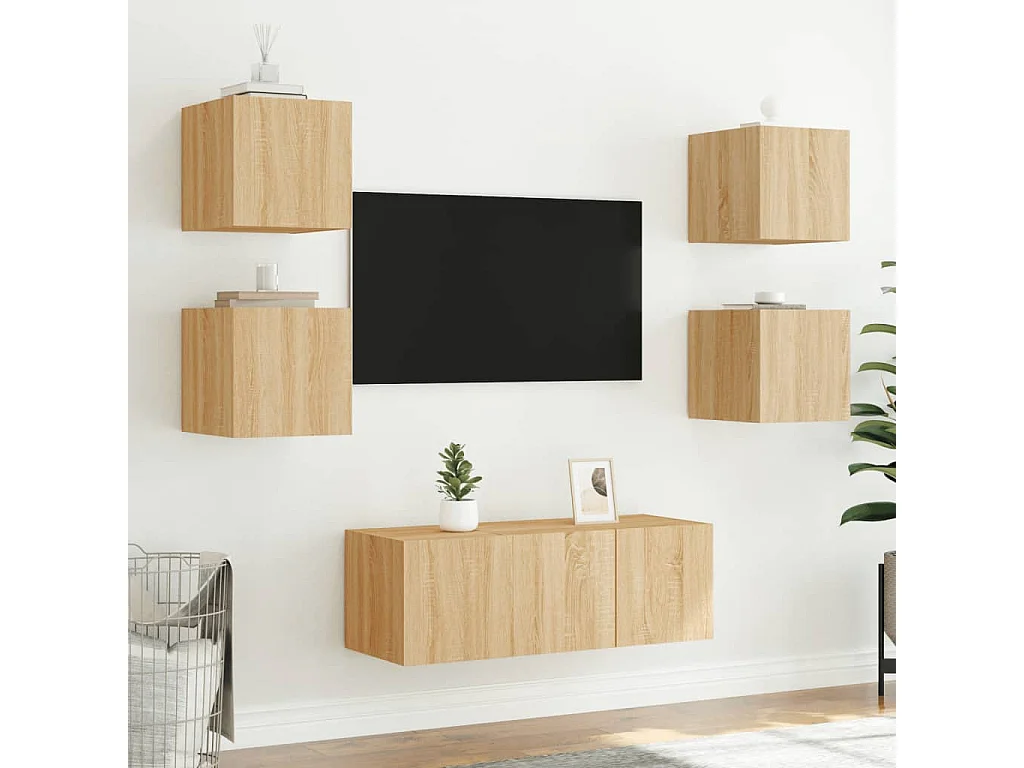 Muebles TV pared luces LED 2 uds roble Sonoma 30,5x35x30 cm ES71323