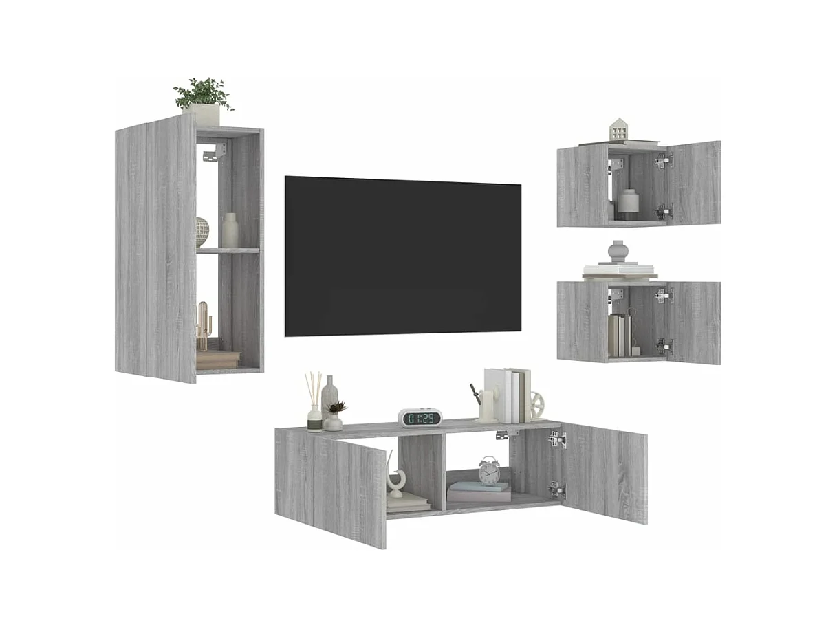 4-delige tv-wandmeubelset met LED-verlichting grijs sonoma NL716222