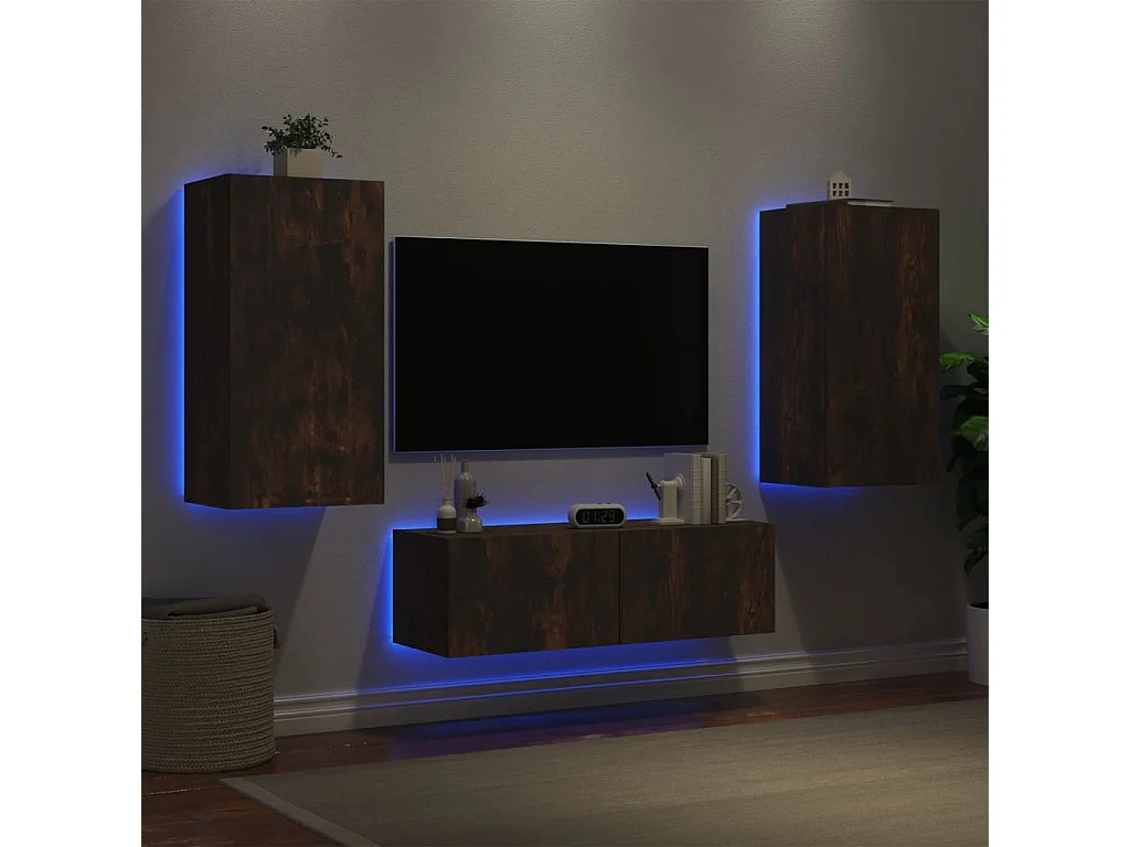 3-delige tv-wandmeubelset met LED-verlichting gerookt eiken NL961078