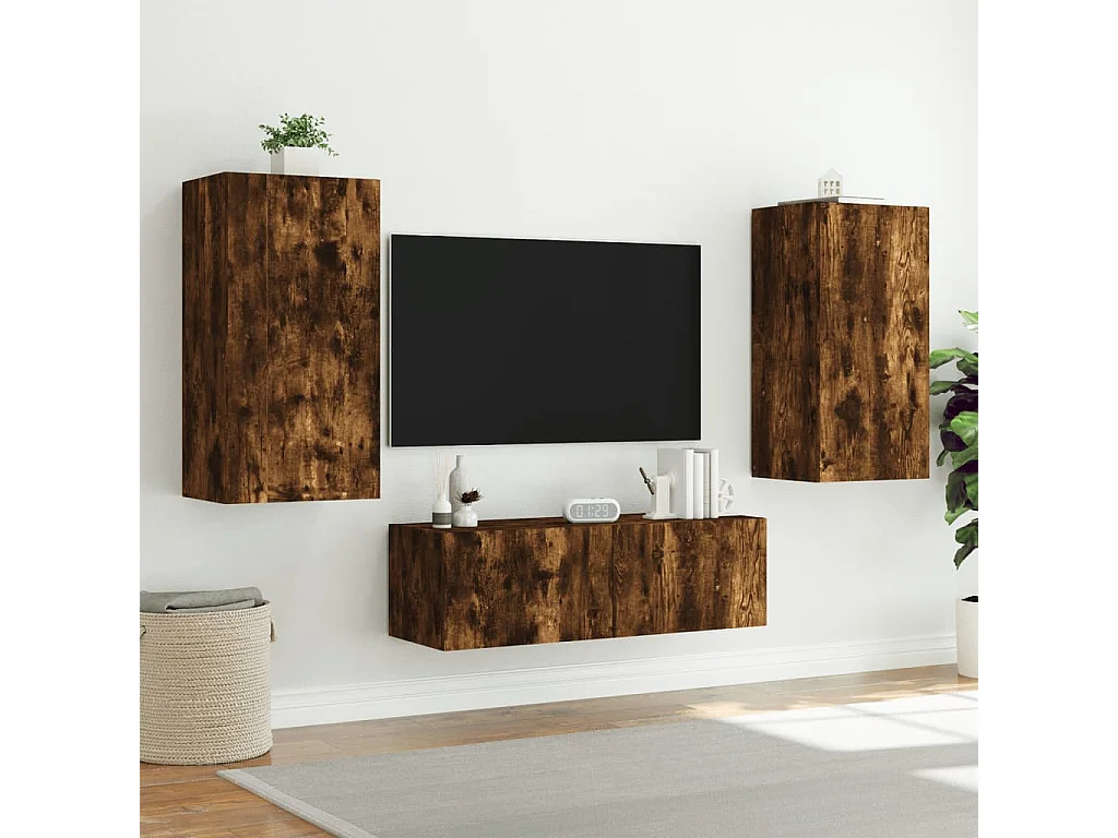3-delige tv-wandmeubelset met LED-verlichting gerookt eiken NL961078