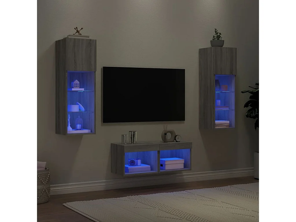 4 pcs móveis de parede para TV com luzes LED cinzento sonoma PT314975