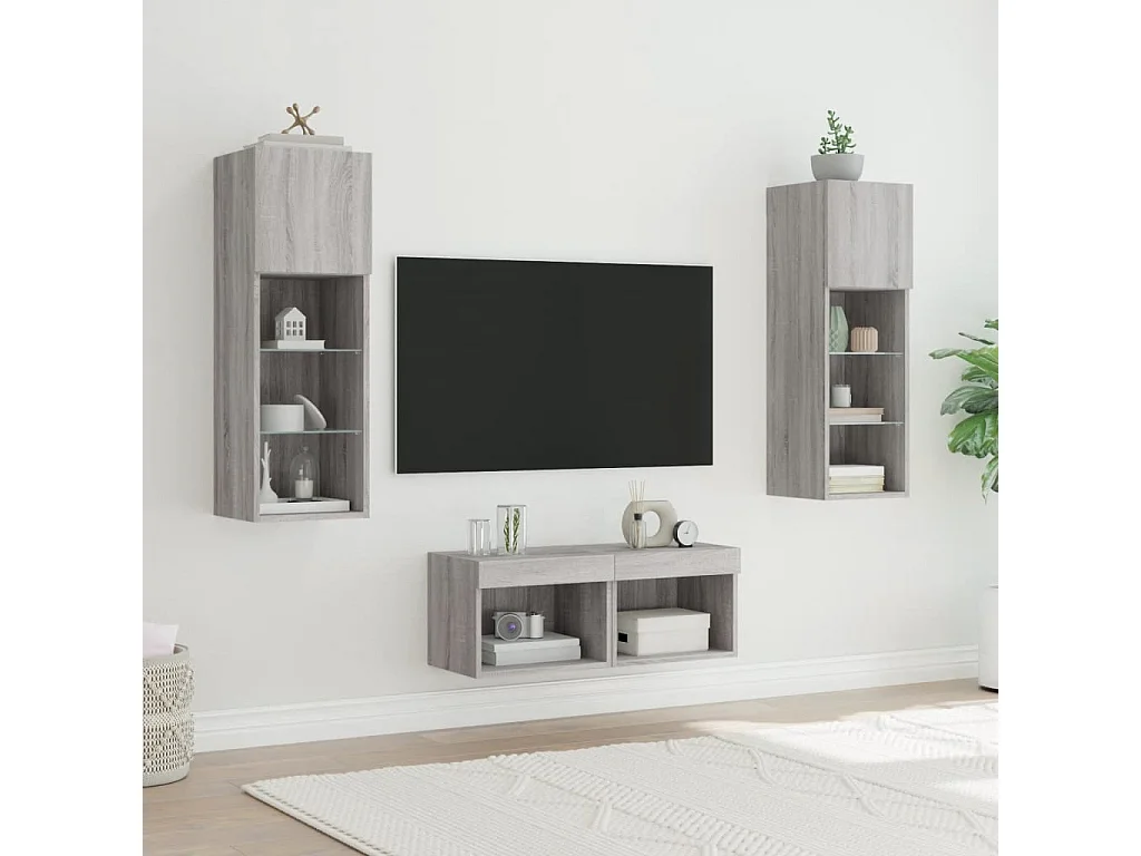 4 pcs móveis de parede para TV com luzes LED cinzento sonoma PT314975