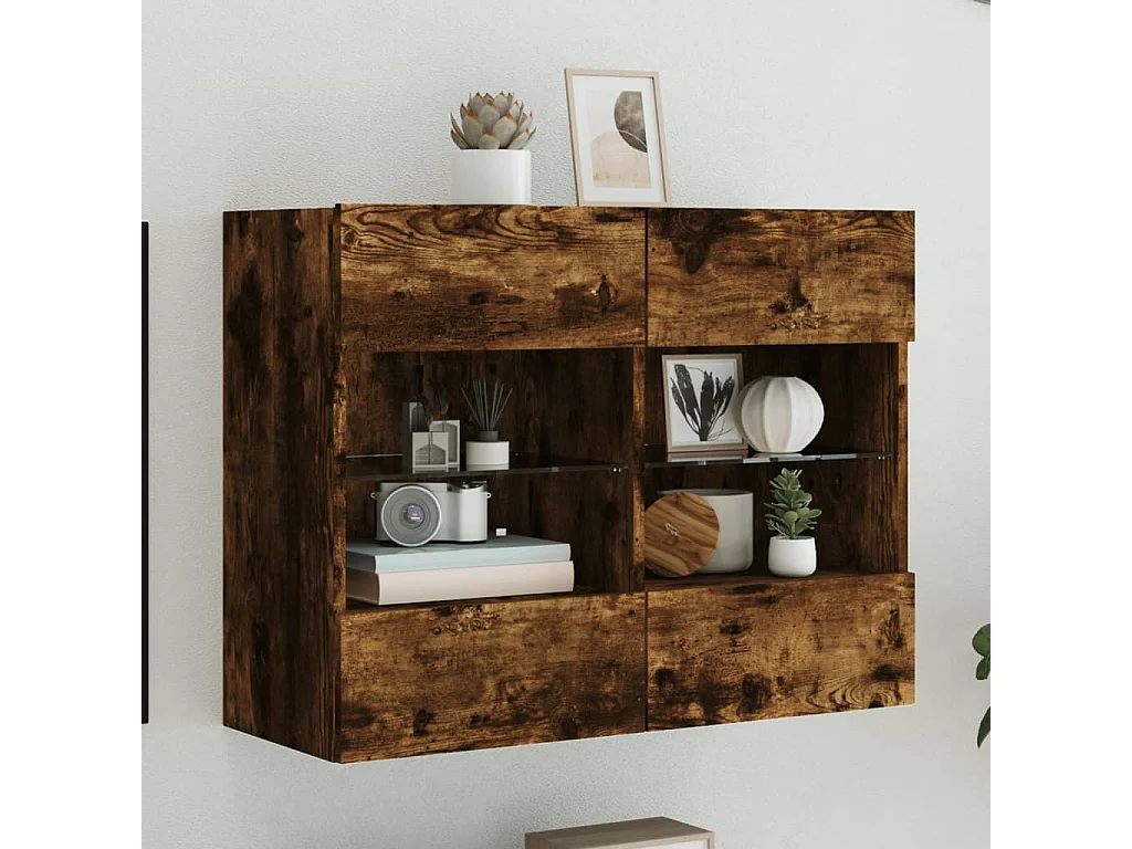 Meuble TV mural avec lumières LED chêne fumé 78,5x30x60,5 cm WET2684