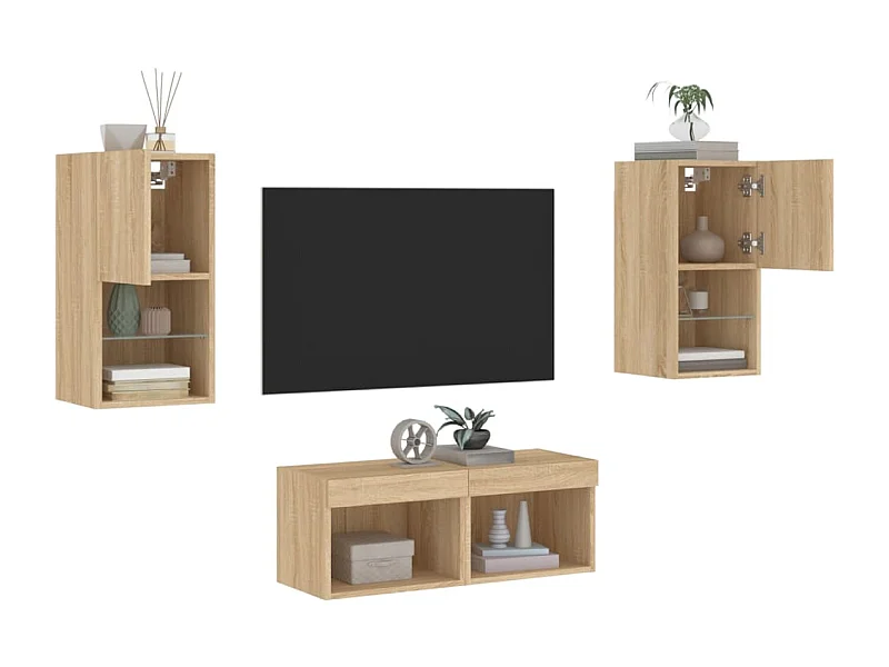 4-delige Tv-wandmeubelset met LED-verlichting sonoma eikenkleur NL138393
