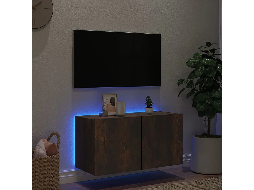 Mueble TV de pared con luces LED roble ahumado 80x35x41 cm ES79567