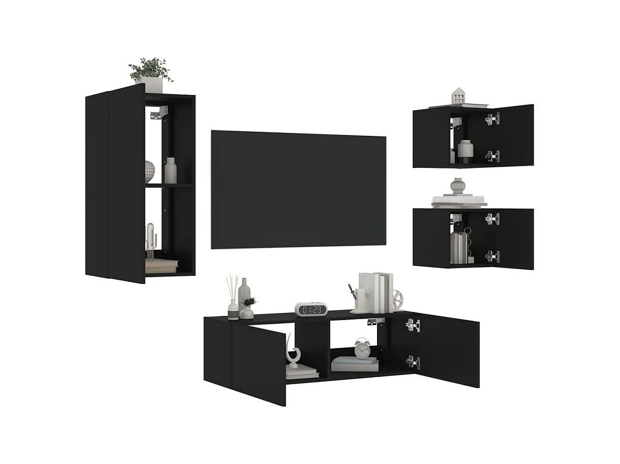 4-delige tv-wandmeubelset met LED-verlichting zwart NL200133